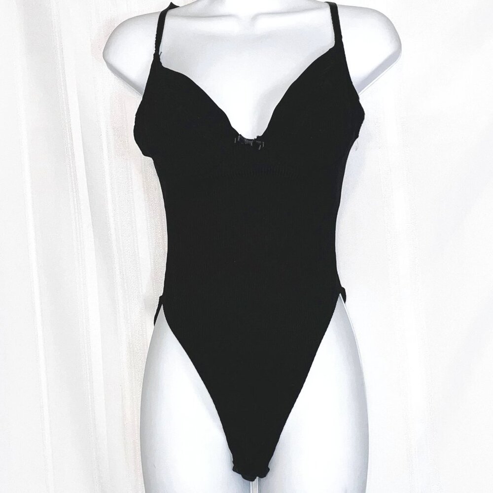 Vintage APPEL Black Ribbed Bodysuit Firmware Size 38B / 36C